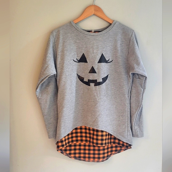 Fall pumpkin jack-o-lantern layered checkered hi-low sweater - Picture 1 of 3